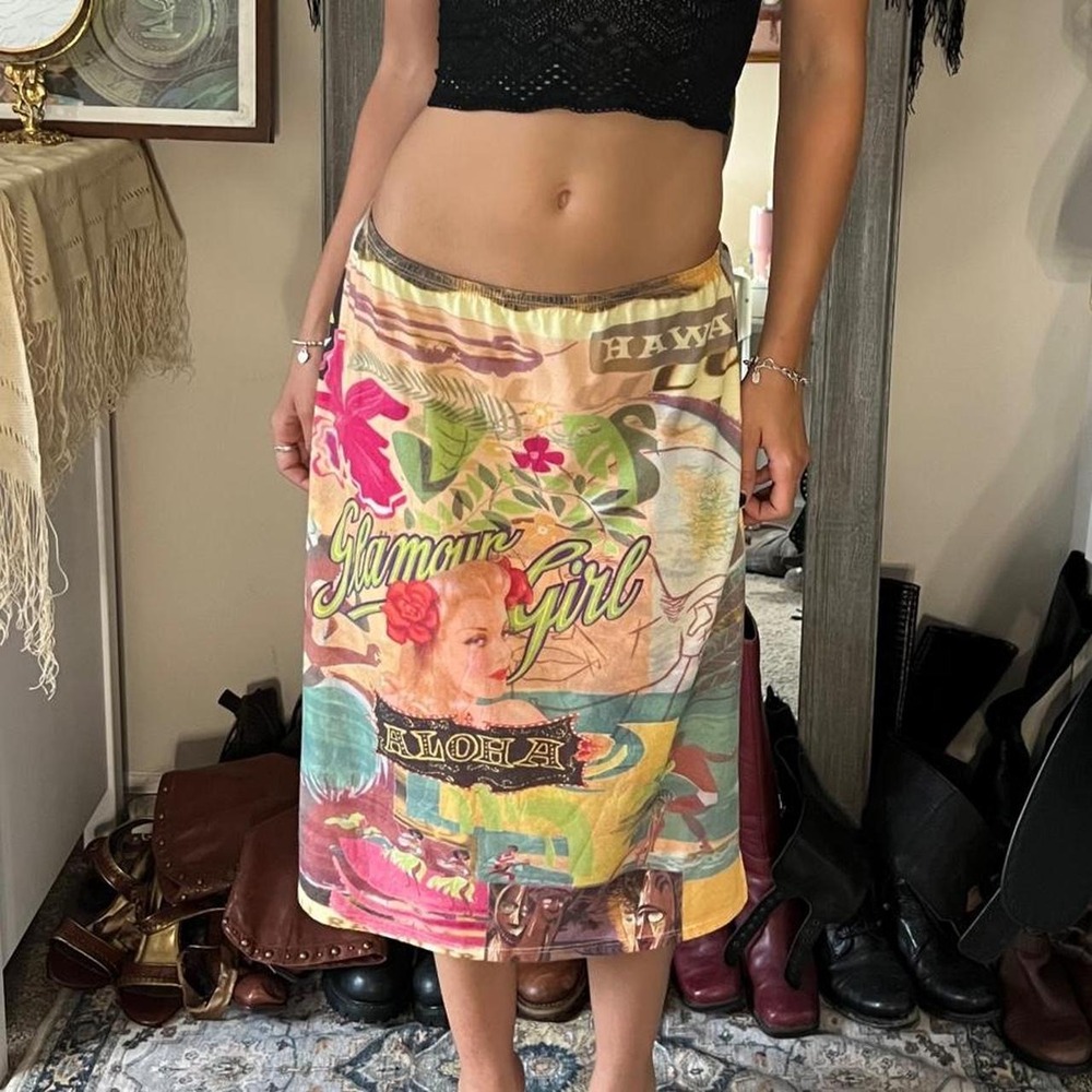 Boston Proper Vintage Y2K Hawaiian Graphic Print Midi Skirt Glamour Girl Aloha